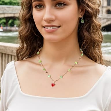 Da Piao Liang Strawberry Necklace Earrings With Green Cat'S Eye Stone - Beaded Choker Necklace Bracelet For Women Unique Graduation Gift (Style 1) - Image 2