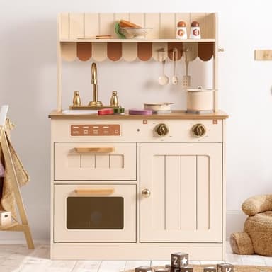 ROBOTIME Play Kitchen for Kids Toddlers, Wooden Pretend Play Kitchen Set Toy with Cutting Food Set, Toys Kitchen Gift for 3+ Year Old Kids, Girls & Boys - Image 1