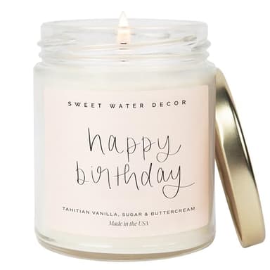 Sweet Water Decor Happy Birthday Soy Candle - Vanilla Sugar & Buttercream Sweet Scented Happy Birthday Candle Gift for Mom, Friends & Girls - 40 Hour Burn Time - 9oz - Non Toxic - Image 1