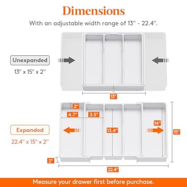 Lifewit Utensil Organizer for Kitchen Drawers, Expandable from 13‘’ to 22.4'', 15'' Depth, Plastic Cutlery Silverware Flatware Holder, Spatula Tools and Gadgets Storage, Large, White - Image 3