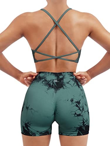 SUUKSESS Women Seamless 2 piece Workout Sets Strappy Padded Sports Bra Booty High Waisted Shorts Outfits (Deep Green Tie Dye,M) - Image 1