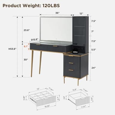 T4TREAM Fluted Makeup Vanity Desk with 36" HD Lighted Mirror, 48" Big Modern Vanity Desk with Mirror and Lights, Dressing Table with 5 Drawers & Shelves, Glass Top for Bedroom, Dark Grey - Image 6