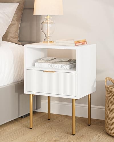 Masupu Nightstand,Mid-Century Modern Bedside Table with Storage Drawer and Open Wood Shelf,Small Gold Frame Side Table for Bedroom,Living Room,White - Image 1