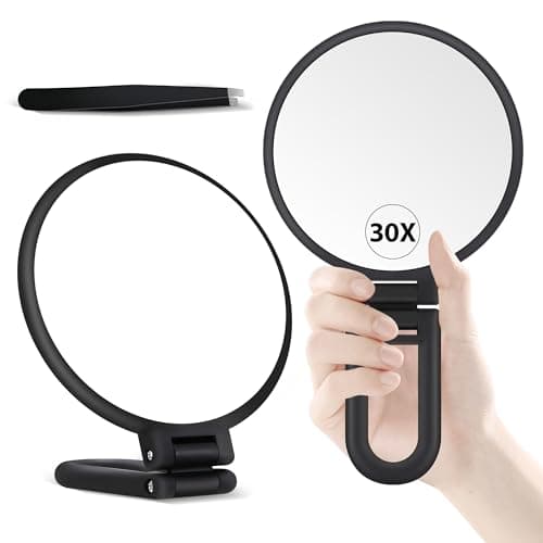 B Beauty Planet 30X Magnifying Mirror, Hand Mirror with Handle, Double Sided Hand Mirror with 30X/1X Magnification, Travel Essential Portable Foldable Makeup Mirror for Precision Makeup Black - Image 1
