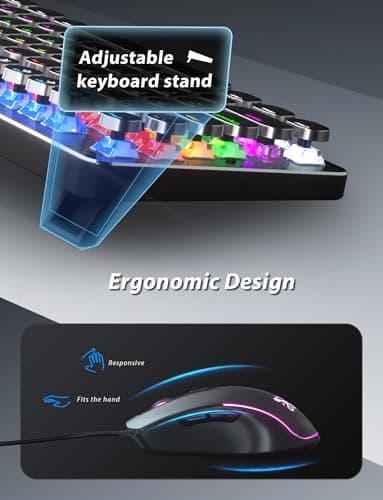 Typewriter Style Mechanical Gaming Keyboard Blue Switch, Rainbow LED Backlit Wired Computer Keyboards Mouse and Pad Combo, Metal Panel Retro Punk Round Keycaps, 104 Keys Anti-Ghost for PC Laptop Gamer - Image 7