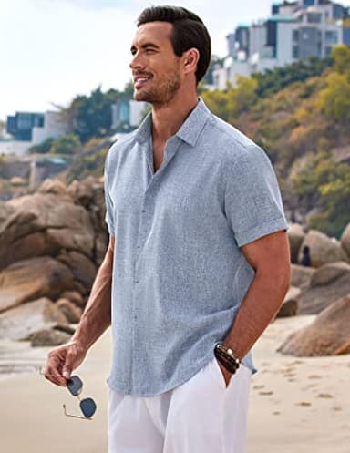COOFANDY Men's Linen Shirt Casual Shirts Short Sleeve Shirts Button Down Linen Beach Shirts for Men Summer Outfit Light Denim Blue - Image 3