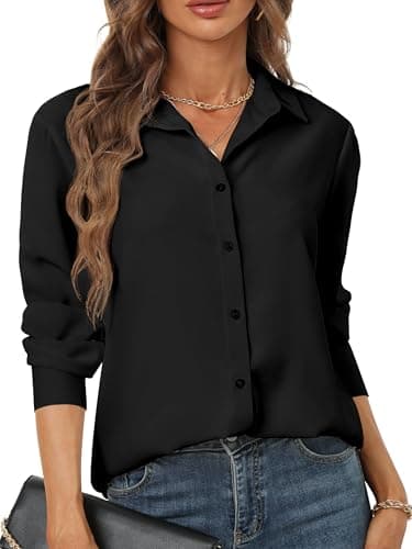 black button down shirt women womens button-down collared dress shirts long sleeve polyester for work v neck oversized tailored tunic fitted casual workshirt with strappy loose fit Black SIZE XL - Image 1