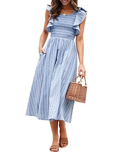 Miessial Womens Summer Dress 2025 Casual Short Sleeve Striped Linen Midi Dresses Boho Beach Wedding Guest Dress with Pockets Blue,S - Image 1