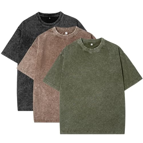 Eadali 3 Pack Men’s Oversized T-Shirts – Washed Cotton Loose Fit Tees, Drop Shoulder Crew Neck, Vintage Baggy Style Streetwear Tops(Black/Brown/Dark Green,S) - Image 1