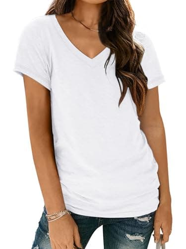 AUTOMET Womens Summer Tops School Outfits Short Sleeve Casual V Neck T Shirts Tees Tunic Fashion Trendy Comfy Clothes 2025 White L - Image 1