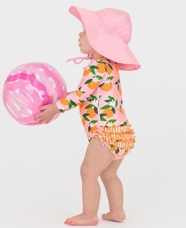 RuffleButts Baby Girls UPF 50+ Sun Protection Novelty Print Long Sleeve One Piece Rash Guard Swimsuit with Zipper - Orange You The Sweetest, 2T - Image 4