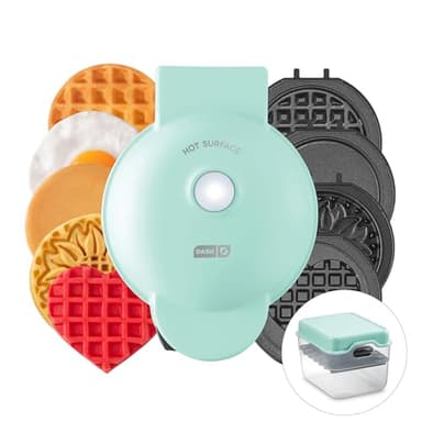 DASH Multimaker Mini System - Waffle Maker with Six 4” Removable Plates & Storage Case: Waffle Iron & Griddle, 4-in-1 Mini Waffle Maker for Kids and Families – Nonstick Surface, Just Add Batter (Aqua) - Image 1