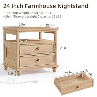 Joaxswe Farmhouse Nightstand Set of 2 with Charging Station, 24" Wide End Table with 2 Drawers,Natural Dresser for Bedroom,Bed Side Table Chest of Drawers Cabinet, Night Stand for Living Room - Image 2