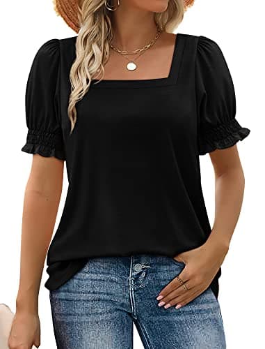 WIHOLL Womens Summer Clothing Clothes Short Sleeve Square Neck Sexy Tunic Tops Fashion Beach Vacation 2025 Black XL