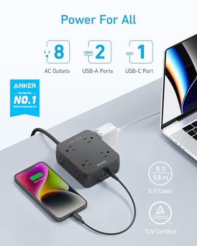 Anker Power Strip with USB Ports,5Ft,Surge Protector(2000J),8 Widely Outlet Extender, 2 USB-A Ports and 1 USB-C Port, Works with iPhone 16/16 Plus/16 Pro/16 Pro Max,for Home, Office, TUV Listed - Image 2