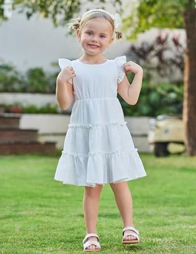 Arshiner Toddler Girls White Dress Ruffle Sleeveless Tiered Swing Twirly Dresses Cute Summer Beach Sundress Size 5-6 - Image 2
