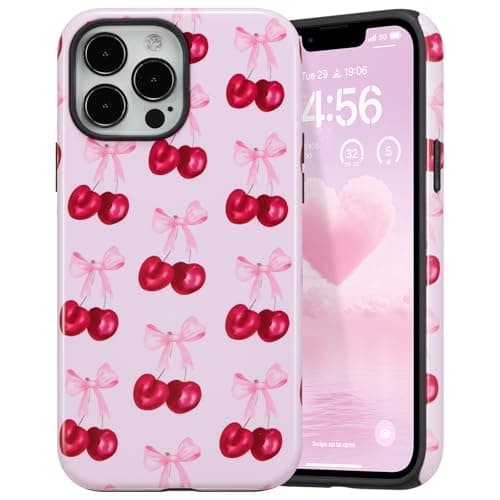 DEFBSC Case for iPhone 14 Pro, Cute Pink Bow Cherry Print Aesthetic Trendy Pattern for Women Girls Slim Durable Bumper Shockproof for iPhone 14 Pro Case, Cherry/Glossy - Image 1