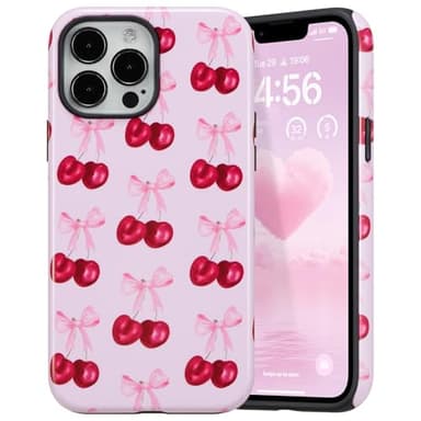 DEFBSC Case for iPhone 14 Pro, Cute Pink Bow Cherry Print Aesthetic Trendy Pattern for Women Girls Slim Durable Bumper Shockproof for iPhone 14 Pro Case, Cherry/Glossy - Image 1