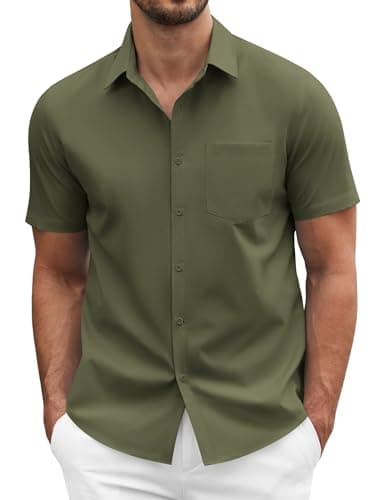 COOFANDY Men Dress Shirt Summer Evening Regular Fit Polyester Stretchy Button Down Shirts with Chest Pocket Olive Army Green XXXXL 4XL - Image 1