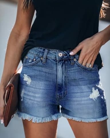ZOLUCKY Jean Shorts for Women Stretchy Ripped Jean Shorts Mid Waisted Frayed Raw Hem Denim Shorts Navy M - Image 3
