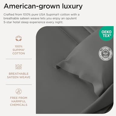 Threadmill Certified 100% American Supima Cotton Sheets, Queen Sheet Set, 1000 Thread Count, 4 Piece Luxury Bedding Set, Hotel Quality Sateen Weave, Dark Grey BedSheets with Elasticized Deep Pocket - Image 3