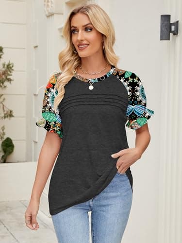 Chulianyouhuo Women's Ruffle Sleeve Tops Summer Crew Neck Casual Pleated Front Blouse Loose Fit Basic Tee Shirt(Grey M) - Image 2