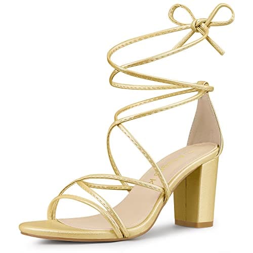 Allegra K Women's Strappy Lace Up Chunky Gold Heel Sandals 7 M US - Image 1