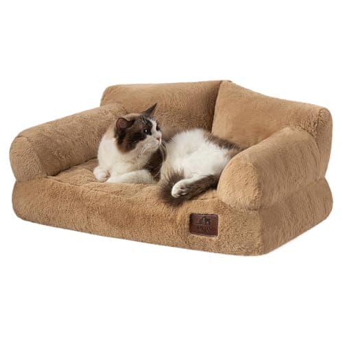 Hollypet Fluffy Plush Pet Dog Cat Couch Soft Calming Pet Sofa Bed for Medium Small Cats and Dogs, Light Brown - Image 1