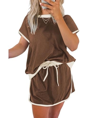SELINK Lounge Sets for Women 2 Piece Skirt Colorblock Drop Shoulder T Shirt and Skort Set Summer Tracksuits Brown-S - Image 1