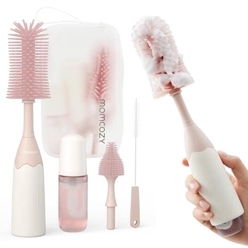 Momcozy Bottle Brush Kit, Innovative Push-Press Design for Better Cleaning - Baby Bottle Cleaner Brush for Baby Bottle, Breast Pumps, Nipples, and More - Can Generate Foam for Better Cleaning, Pink - Image 1