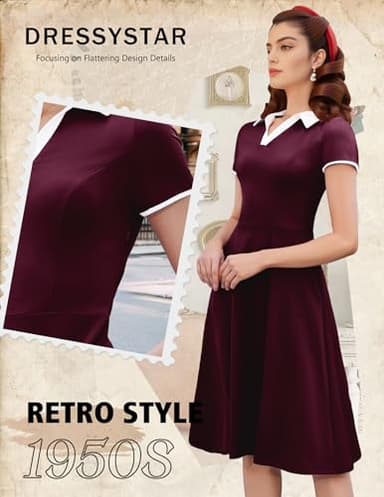 Dressystar Women V Neck 1950s Vintage Short Sleeves Dress Retro A Line Swing Rockabilly Cocktail Party Dresses with Pockets Burgundy L - Image 4