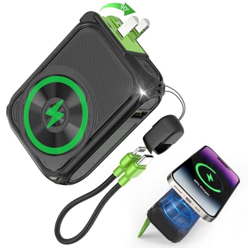 SEANCHEER P05 Portable Charger, Magnetic Power Bank, Small Wireless PowerBank, Battery Pack10000mAh Travel Essentials Fast Charging with Built in Cable, Foldable Wall Plug for iPhone,Samsung,Andriod - Image 1