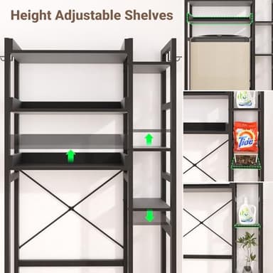 Over The Toilet Storage with 2 Drawers - 7 Tier Bathroom Organizer with Adjustable Shelf, Freestanding Space Saver Storage Rack Above Toilet Stand with 4 Hooks for Restroom, Laundry, Black - Image 6