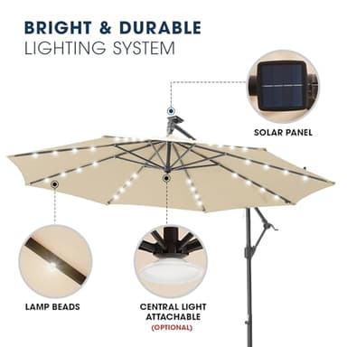 wikiwiki 10ft Solar LED Offset Hanging Market Cantilever Patio Umbrella for Backyard, Poolside, Lawn and Garden, Easy Tilt Adjustment, Polyester Shade & Cross Base, Beige - Image 4