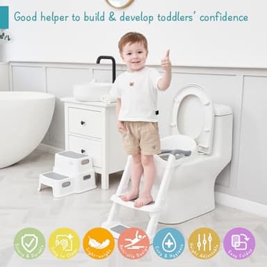 Forbena Potty Training Toilet Seat with Step Stool Ladder, Toddler Kids Potty Seat for Boys Girls, Non Slip Foldable Toilet Training Seat with Soft Cushion, Comfortable Handles (White-Grey) - Image 4