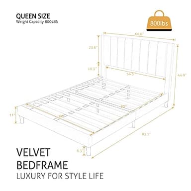 SHA CERLIN Queen Bed Frame/Velvet Upholstered Platform Bed Frame with Headboard/Strong Wood Slats Support/Mattress Foundation/No Box Spring Needed - Black - Image 2