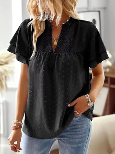 Falechay Womens Tops Summer Blouses for Women 2025 Swiss Dot Butterfly Sleeve Short Sleeves Boho Shirts Black XL - Image 2