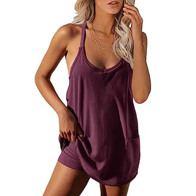 UNIANKIYA Womens Workout Romper Dress with Shorts Underneath Sleeveless Spaghetti Straps Athletic Outfits Casual Vacation Purple Red - Image 1