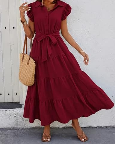 dowerme Women's Summer Casual Dresses 2025 Cap Ruffle Sleeve V Neck Button Belted Tiered Boho Maxi Dress with Pockets(Wine Red,X-Large) - Image 3