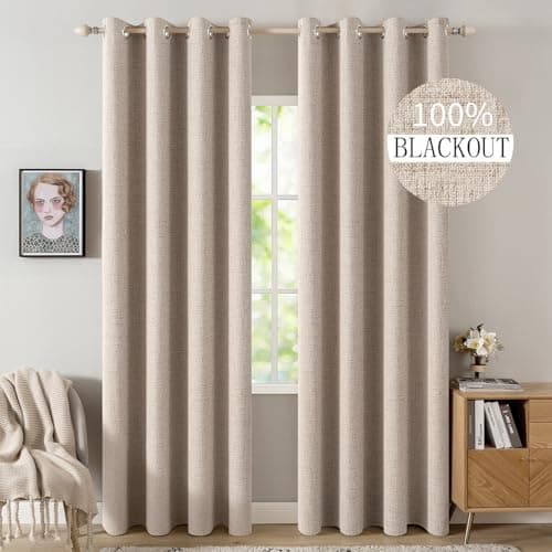 MIULEE 100% Blackout Linen Textured Curtains for Bedroom Solid Thermal Insulated Natural Beige Grommet Room Darkening Curtains & Drapes Luxury Decor for Living Room Nursery 52 x 84 Inch (2 Panels) - Image 1