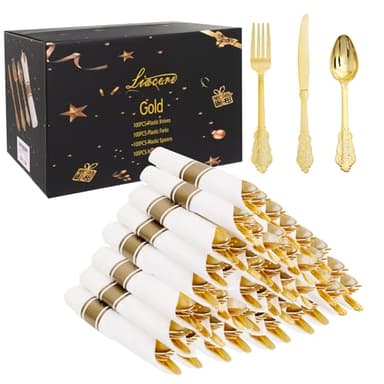 Liacere 400PCS Gold Plastic Silverware - Pre Rolled Napkins Disposable Gold Plastic Cutlery-Premium Quality Utensils-Includes 100Forks,100Knives,100Spoons,100Napkins&Wedding&Thanksgiving - Image 1