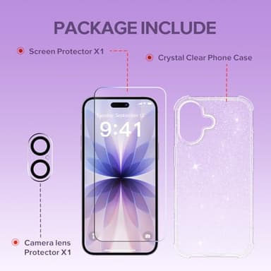 BERFY for iPhone 17 Case for Women, Clear Glitter Shockproof Protective Case, Anti-Yellowing, with Screen Protector & Camera Lens Protector 6.3", Sparkle Clear - Image 8