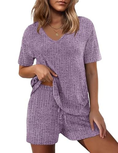 Ekouaer Womens 2 Piece Lounge Sets Summer Two Piece Outfits Ribbed Knit V Neck Short Sleeve Tee and Pockets Shorts Sets - Image 1