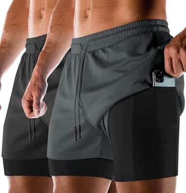 Aolesy Men's 2 Pack Gym Shorts 2 in 1 Running Shorts 7 Inch Mesh Training Athletic Workout Shorts for Men with Liner & Zipper Pockets - Image 1