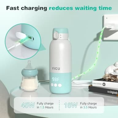 YIGU Portable Bottle Warmer 13500mAh Battery, 80W Fast Heating of Breast Milk and Formula, 12 oz Large Capacity, with 18W Fast Charging Adapter, Precise Temperature Control, Leak-Proof - Image 3