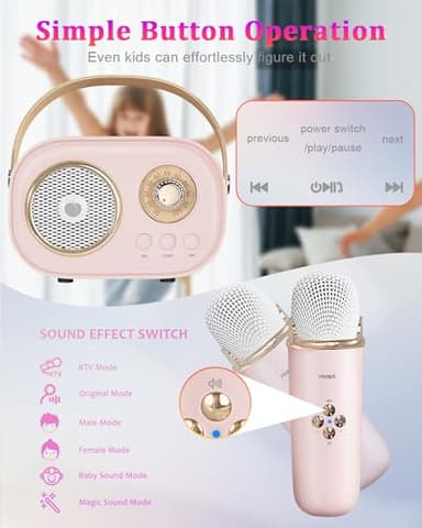 PRUNUS C20 Mini Karaoke Machine Portable Bluetooth Speaker with Wireless Microphone 6 Sound Modes for Adults&Kids Birthday Home Farmily Friends Party Gifts for Girls Boys Friends-Pink - Image 4