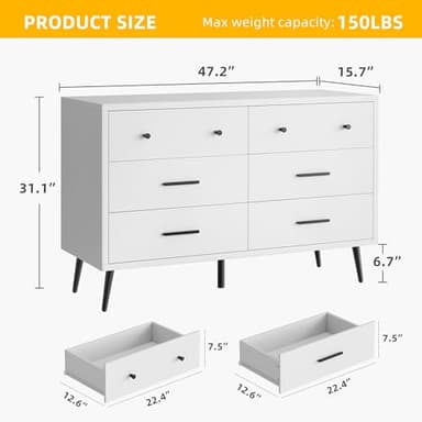 DWVO White 6-Drawer Dresser, Modern Wooden Chest of Drawers with Black Metal Handles & Anti-Tip Safety, Stylish Storage Cabinet for Bedroom, Living Room, Hallway, or Entryway - Image 2