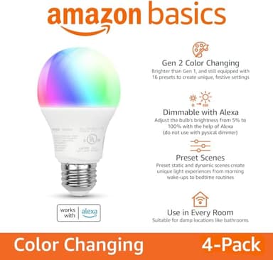 Amazon Basics Smart A19 LED Light Bulb, Color Changing, 9W (60W Equivalent), 800LM, Works with Alexa Only, 2.4 GHz Wi-Fi, No Hub Required, 4 Pack - Image 2