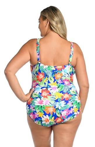 Maxine of Hollywood Women's V-Neck Twist Front Shirred One Piece Swimsuit, Multi//Hula Holiday, 24 - Image 2