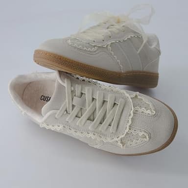 CUSHIONAIRE Belinda Women’s Lace Detail Casual Sneakers – Elegant Ribbon Lace-Up Shoes with Memory Foam, Ivory Vegan Suede 7.5 - Image 6